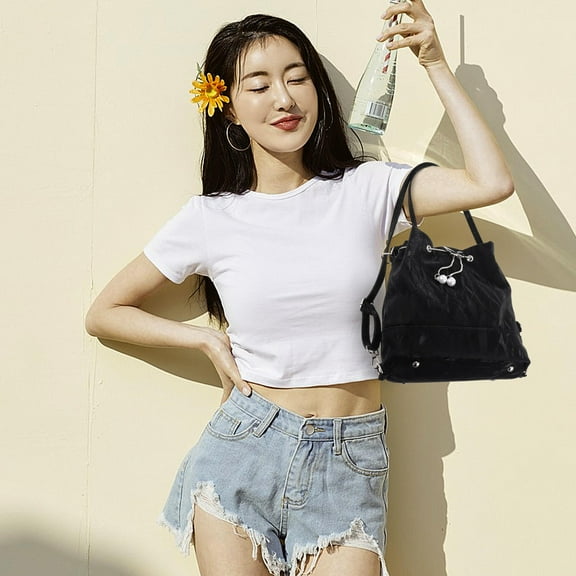 WEUVEB Bucket Purses for Women Convertible Handbag Black Pu Polyester 1Pack