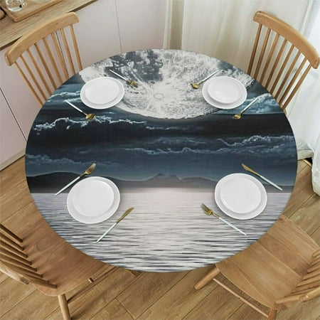 

SHERONV Moon Water Flowers Round Tablecloth Stain-Resistant Washable 54 -58