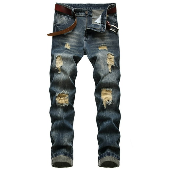 Viikei Mens Pants Clearance Plus Size Pants Men Trousers for Men Casual Denim Cotton Straight Ripped Hole Trousers Jeans Pants Full Length Pants