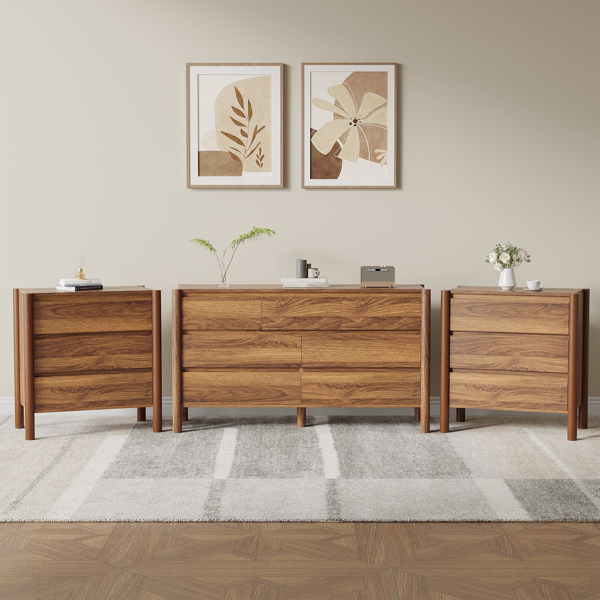 3 Piece Bedroom Set，30.7 ''H 7-Drawer Dresser And 2 Nightstands, Walnut