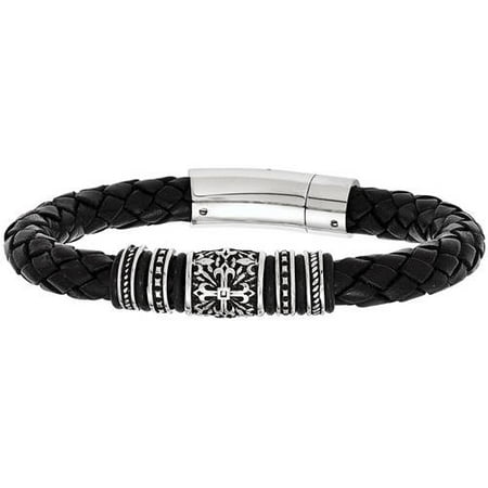 Primal Steel Stainless Steel Antiqued and Polished with Rubber Black Leather Bracelet, 8.5