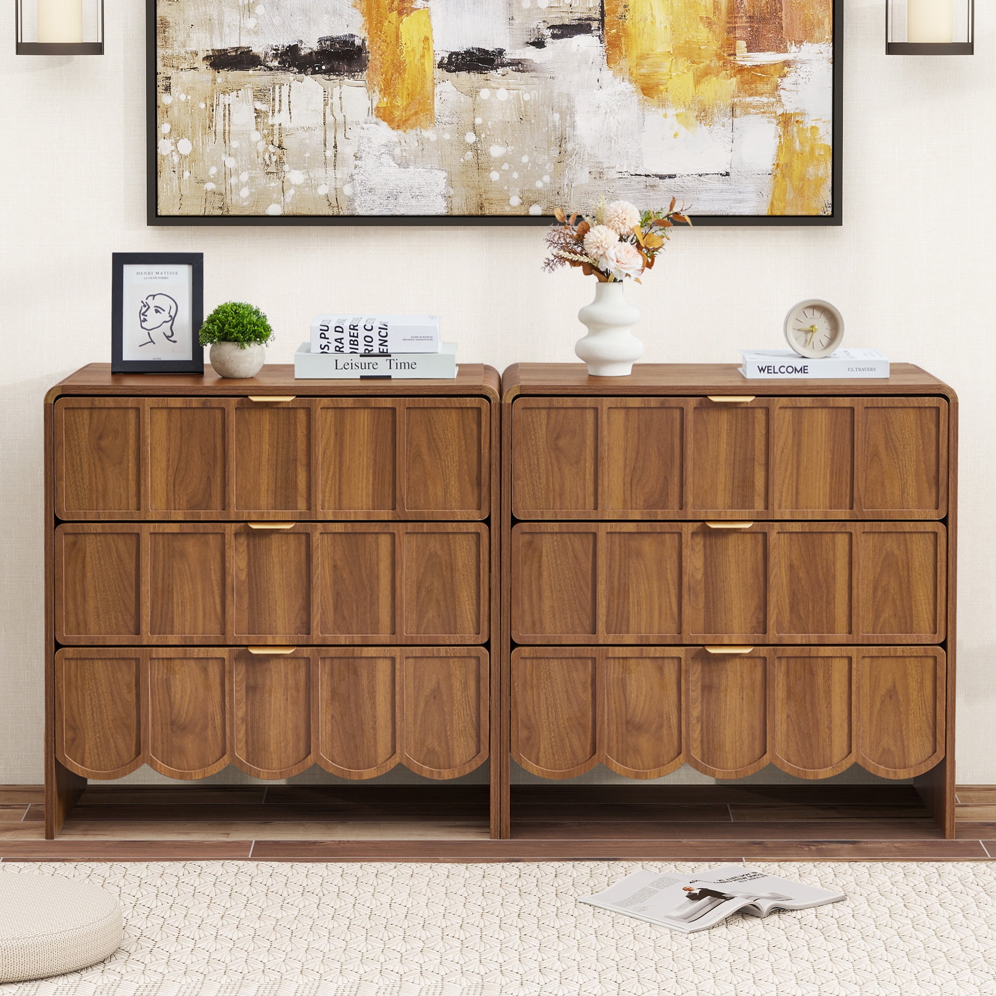 Weselon 3 Drawer Dresser for Bedroom, Modern Wave Panel Chest of Drawers, Closet Storage Cabinet, Walnut