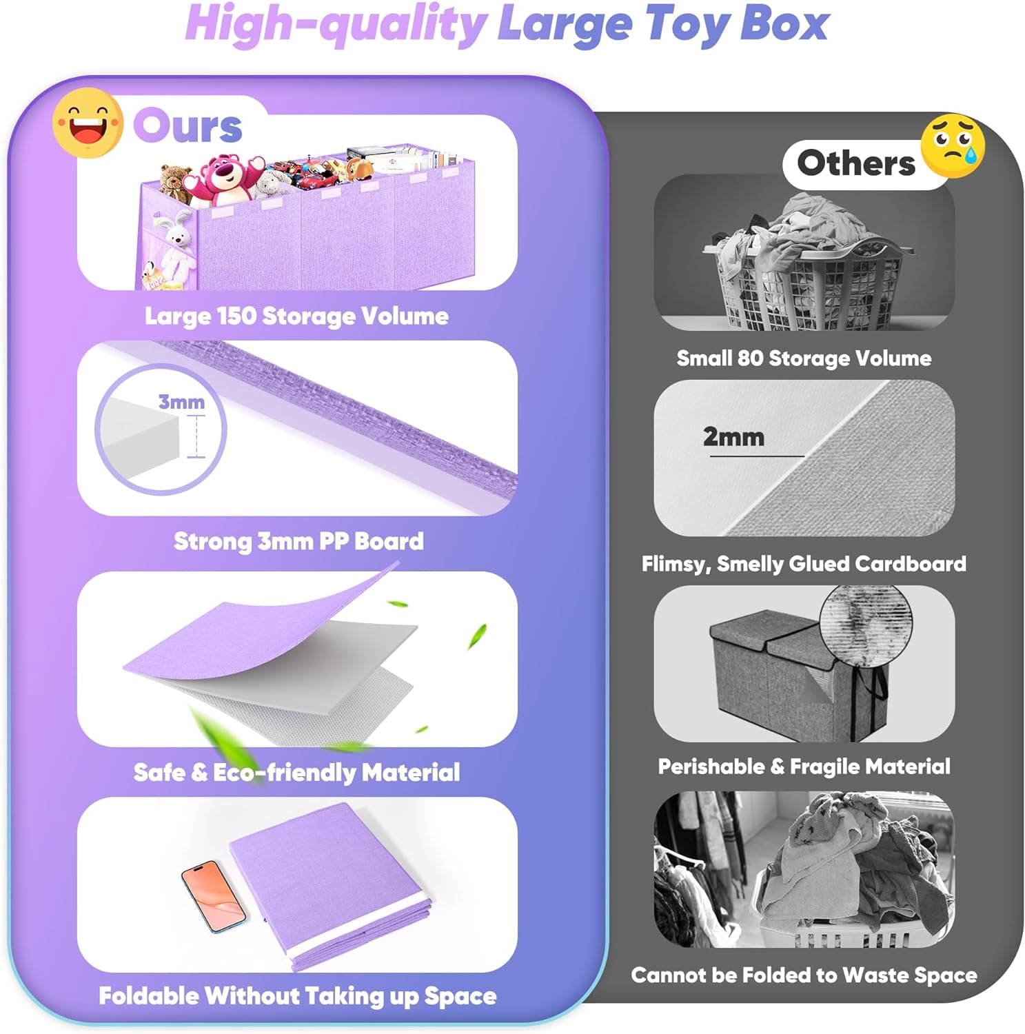 Extra Large Toy Box, Toy Chest for Kids Boys Girls, Collapsible Sturdy Storage Organizer with Mesh Pockets, 40"x14"x16" Kids Box Bins Baskets for Nursery, Playroom, Purple
