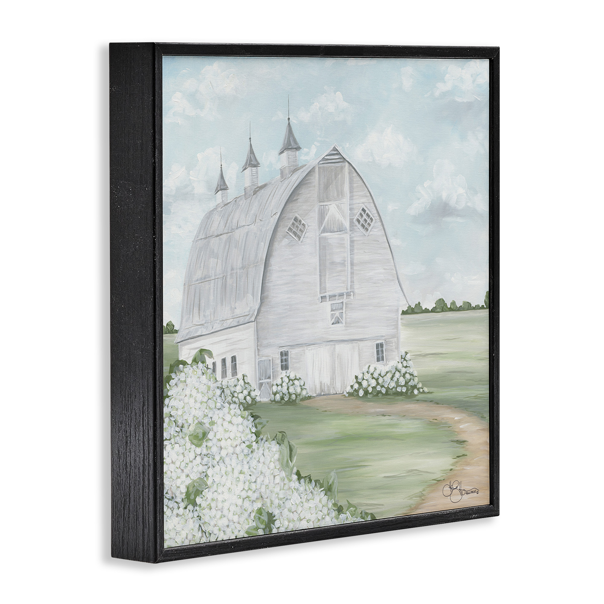 Stupell Industries Soft Country Landscape with Hydrangeas Landscape Painting Black Framed Art Print Wall Art, 24 x 24