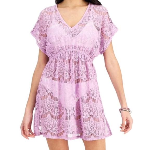 Miken Junior's Lace Cold Shoulder Swim Cover Up Swimsuit Purple Size Small