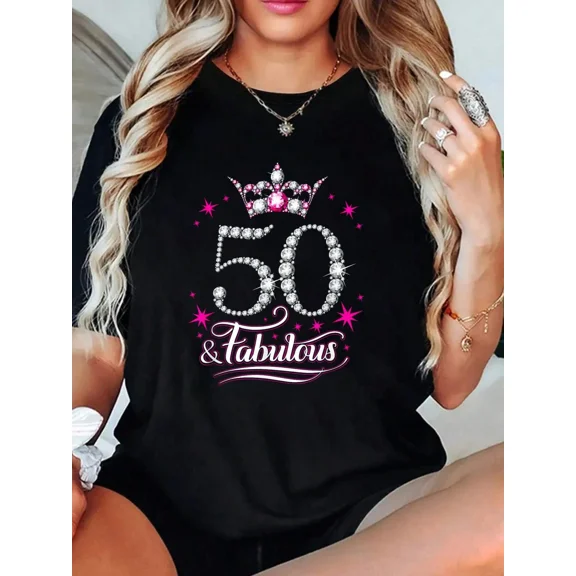 Women's 50 and Fabulous Birthday T-Shirt, Elegant Rhinestone Style Graphic Tee, 50th Birthday Queen Crown Shirt, Retro Chic Short Sleeve Top for Women