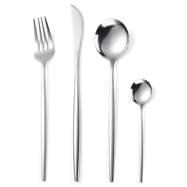 Ensemble de Couverts 4 Pcs 18/10 Acier Inoxydable Réutilisable Fourchettes Cuillères Couteaux, Ensemble de Couverts Poli Miroir, Idéal pour Réunions de Famille et Usage Quotidien (Argent)