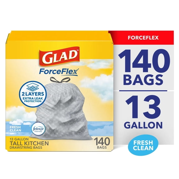 Glad ForceFlex Tall Kitchen Drawstring Trash Bags, 13 Gallon, Fresh Clean with Febreze Freshness, 140 Bags