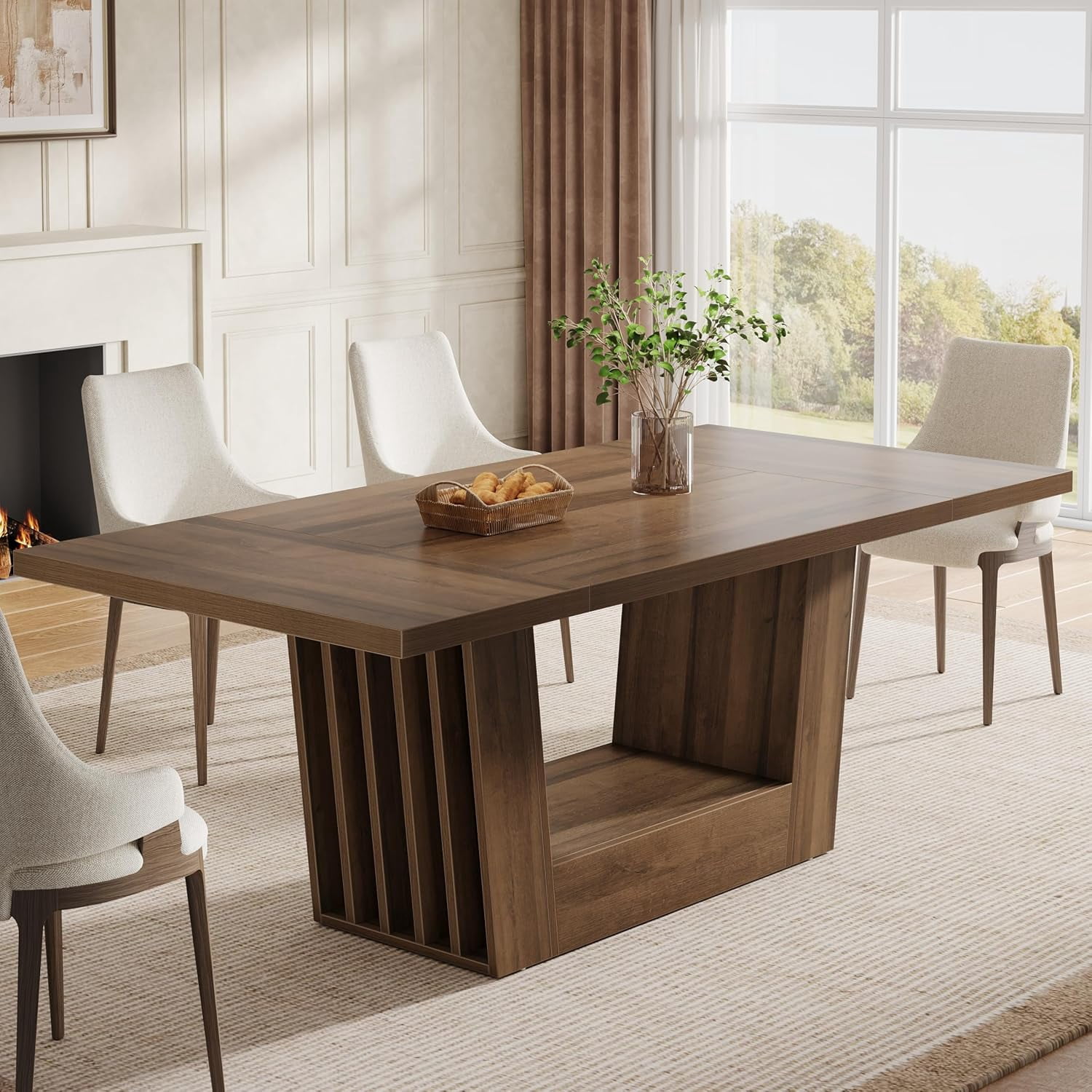 Tribesigns 63" Farmhouse Dining Table with Heavy-Duty Base for 4-6, Dining Room & Kitchen Furniture, Brown
