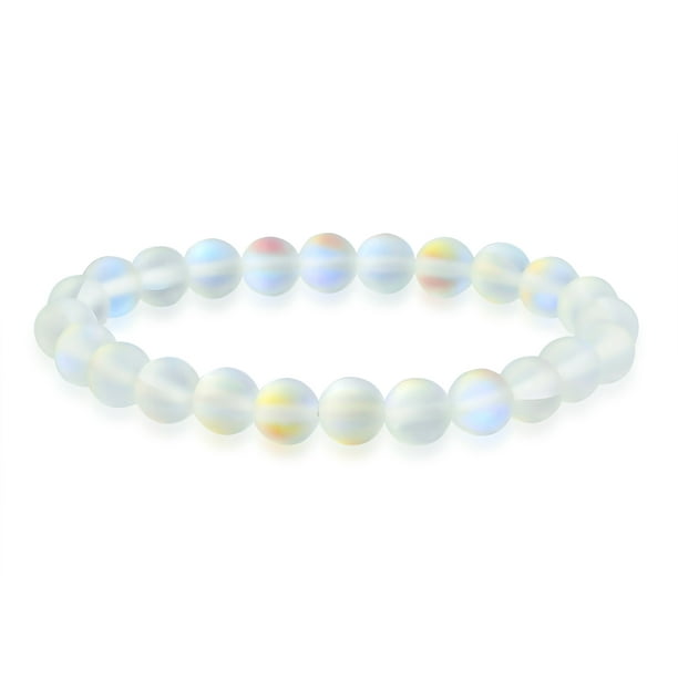 Rainbow Iridescent Créé Blanc Pierre de Lune Perle Ronde 8MM Empilage Brin Bracelet Extensible pour les Femmes Hommes Adolescent Unisexe