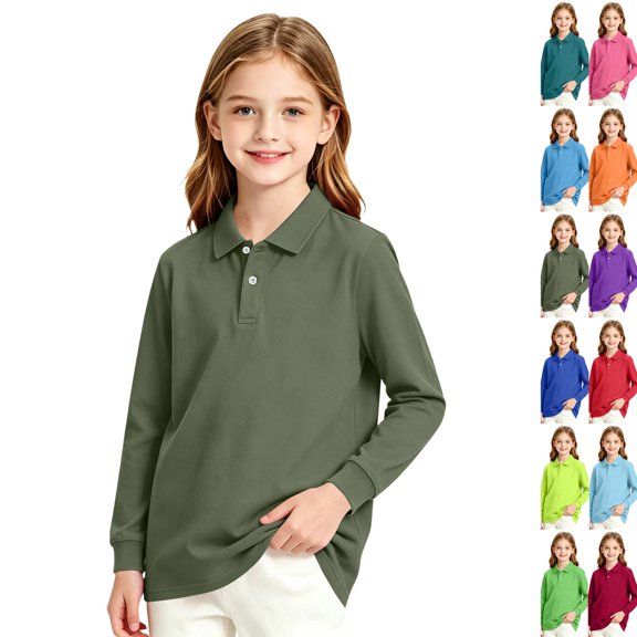 Girls School Uniform Long Sleeve Polo Shirt Kids Collared Golf Pique Polo Shirts Back to School Fall Clothes Dark Green,9-10 Years