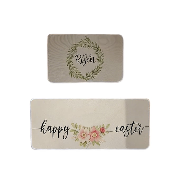 Kitchen Floor Mat Set Crystal Velvet Non Slip and Washable 2 PCs Easter Theme Home Decor 40X60Cm + 40X120Cm