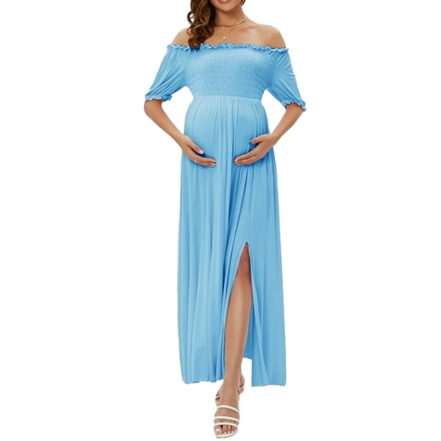 Wangsaura Robe de Maternité pour Femmes Décontractée Couleur Unie/florale à Épaules Dénudées Longue Robe pour Grossesse Vêtements Séance Photo