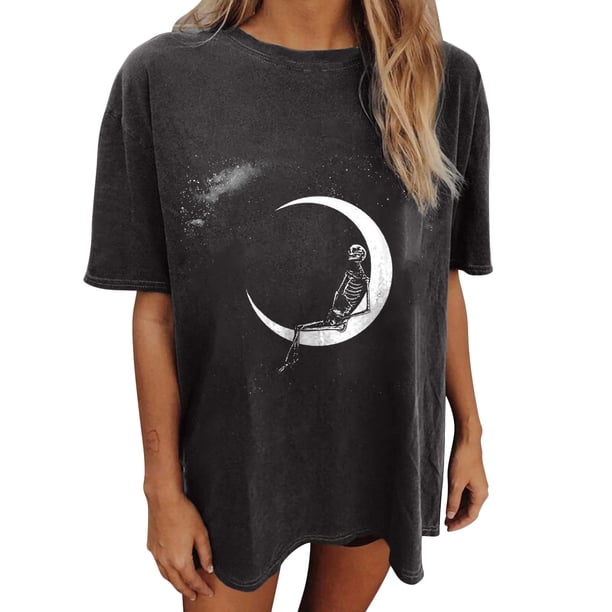 Blusa de manga corta con estampado de luna y sol de calavera con mangas caídas vintage para mujer Pompotops hfajkhk124889