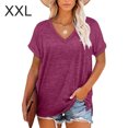 thumbnail image 2 of Jumpingount Camiseta de mujer con cuello en V, manga corta de color sólido, blusa dividida de color sólido Prendas para la parte del cuerpo Rojo púrpura XXL Jumpingount AP003161-35, 2 of 6