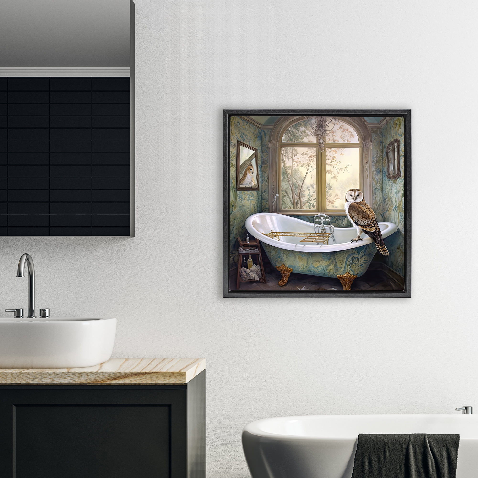Paisley Patterned Owl Bathtime Black Framed Floater Canvas Wall Art, design by Sasha