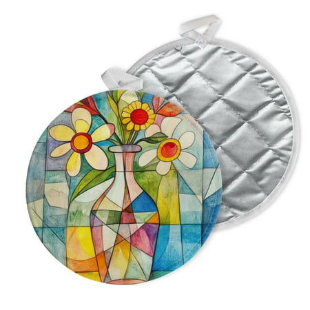 

2 PCS Pot Holders for Kitchen Potholders Sets with Hook for Oven Cooking Baking Cubist - Style Vase With Flowers On Geometric Background