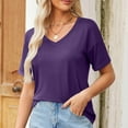 thumbnail image 2 of Womens Cotton Tops Tshirts Rolled Short Sleeve V Neck Solid Color Casual T Shirts Loose Fit Base Tees (S, Purple), 2 of 7