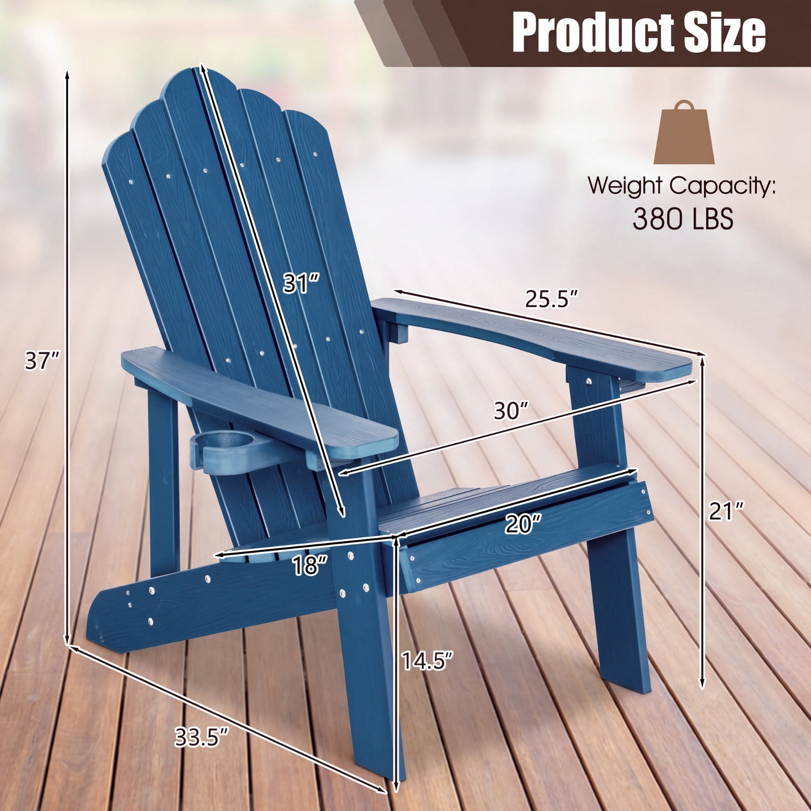 Furnibear Weather Resistant HIPS Outdoor Adirondack Chair with Hidden Cup Holder and High Backrest for Garden Patio and Poolside, Navy