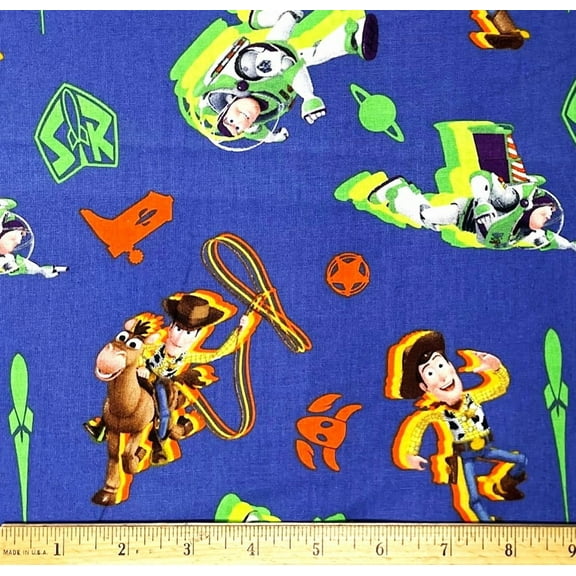 1 Fat Quarter - Disney Toy Story Woody Buzz Lightyear & Bullseye on Blue Cotton Fabric - 21" X 18"