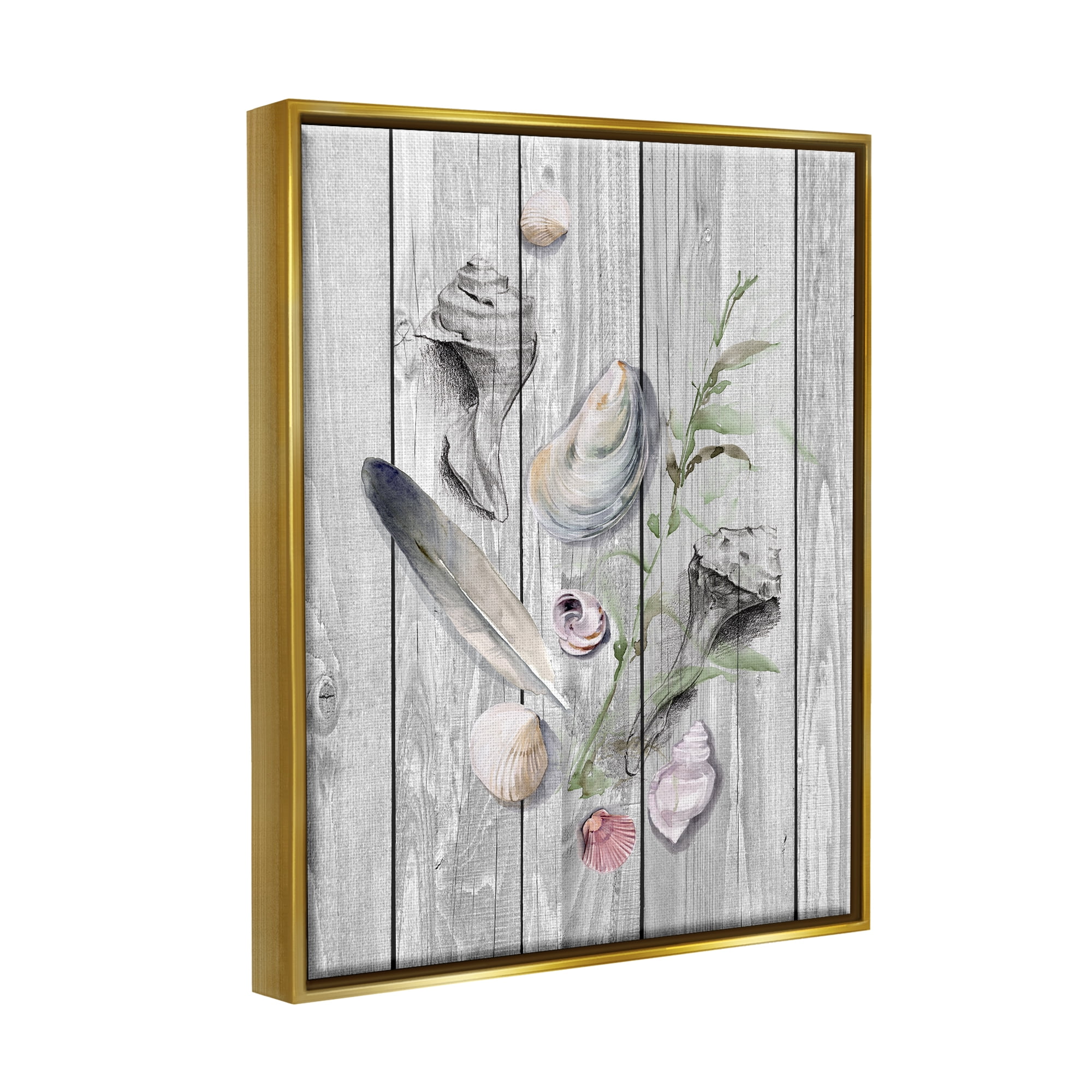 Stupell Feather & Seashells Collection Dock Landscape Painting Gold Floater Framed Art Print Wall Art