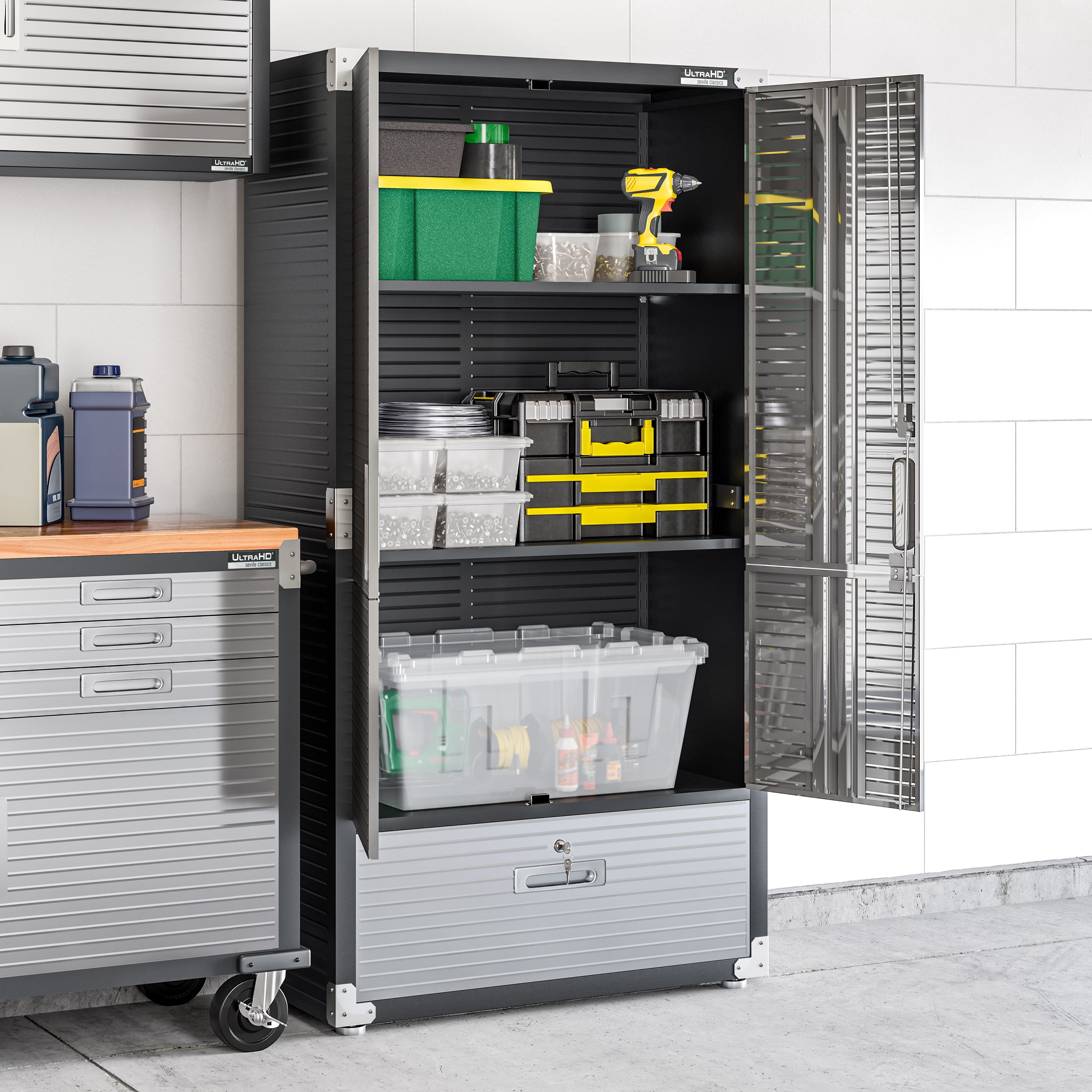 Seville Classics UltraHD® French Door Storage Cabinet with Drawer, 36" W x 18" D x 72" H