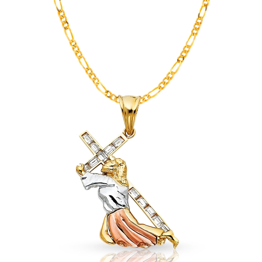 14k Tri Color Gold Cubic Zirconia Cz Pendant With 3 1mm Figaro 1 Chain Necklace 24