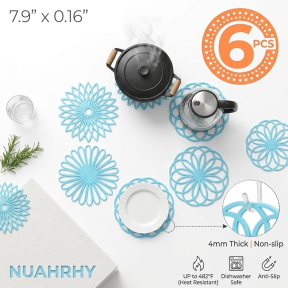 NUAHRHY 6 Pcs Silicone Trivet Mats for Hot Dishes Heat Resistant Pot Holders for Table Quartz Countertop Blue