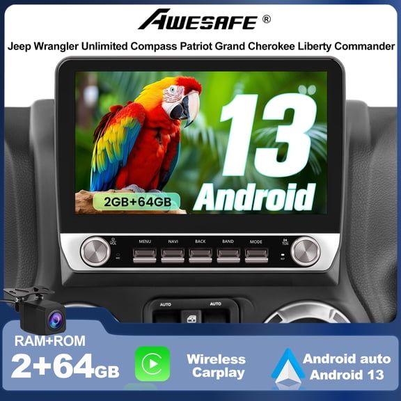 10.6"Car Radio Android 13 Stereo Upgrade 2GB 64GB for Jeep Wrangler JK 2007-2018 Dodge Ram 1500 2500 2009-2012 Grand Cherokee with Wireless CarPlay Android auto Bluetooth