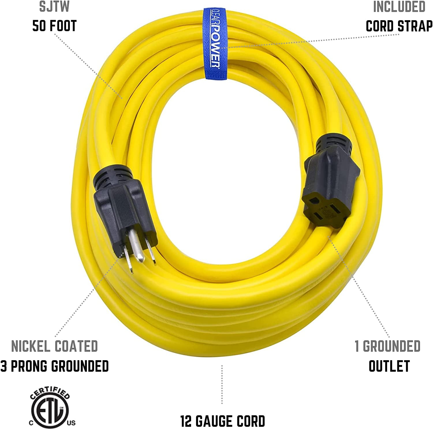 Clear Power 12/3 SJTW 100 ft Heavy Duty Outdoor Extension Cord, 3 Prong  Grounded Plug, Yellow, CP10146 