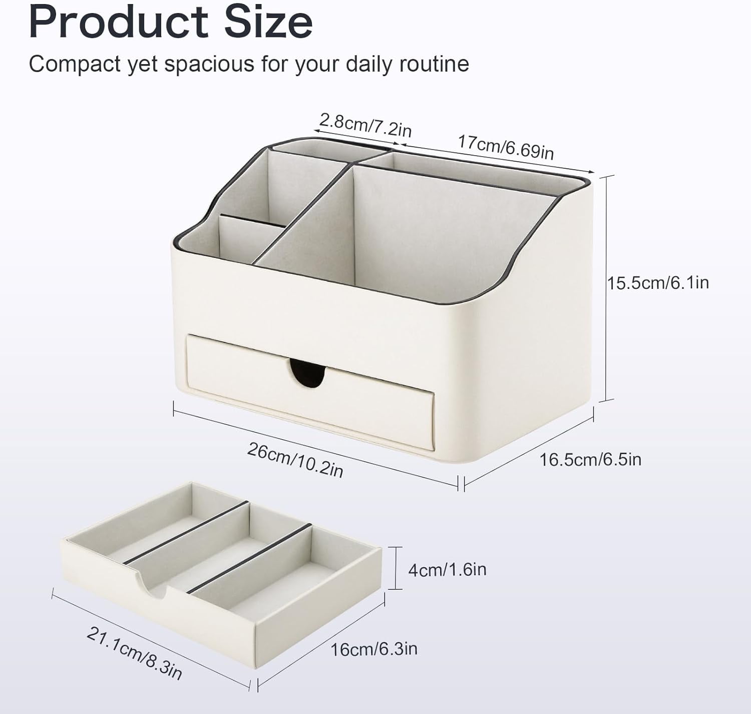 PU Leather Desk Organizer with Drawer, 5 Compartments Desktop Storage Caddy for Office Home Supplies, Pen Holder for Remote Control, Phone & Accessories, Mail Organizer Countertop Ivory White