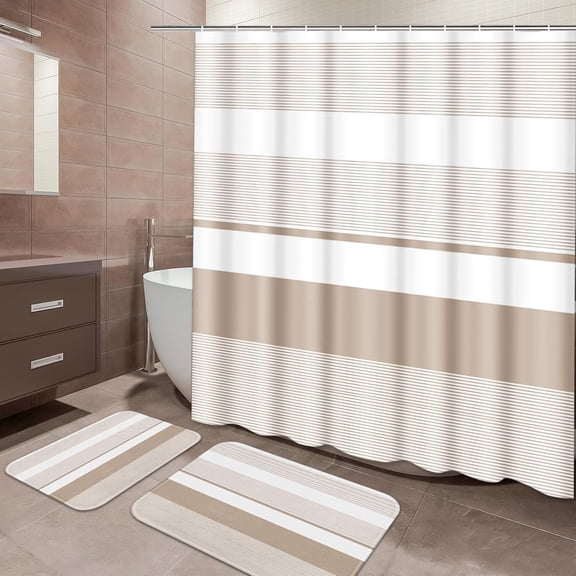 Beige Striped Bathroom Set with Shower Curtain and Bath Rugs and Accessories,Boho Modern Non-Slip Shower Curtain Set,Bathroom Decor 3 Pcs