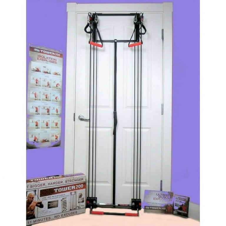 Tower 200 Door Gym Complete Full Body Workout System with Handles Ankle Straps Straight Bar DVD Chart Home Gym Equipment for Upper Lower Body