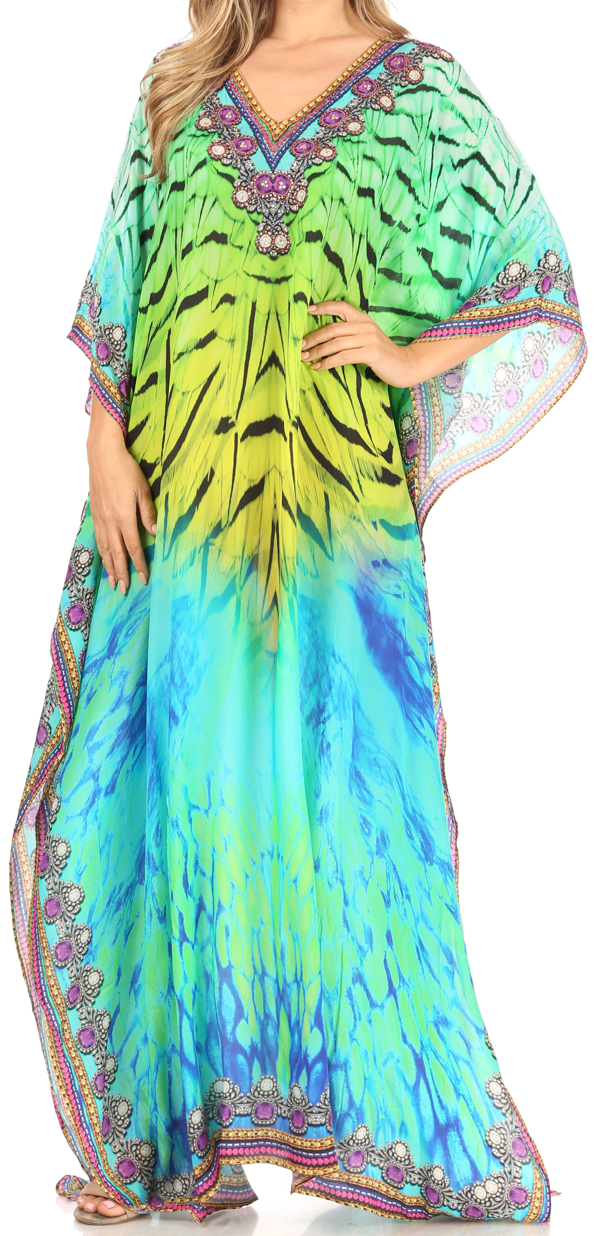 Sakkas Anahi Flowy Design V Neck Long Caftan Dress//Cover Up with Rhinestone