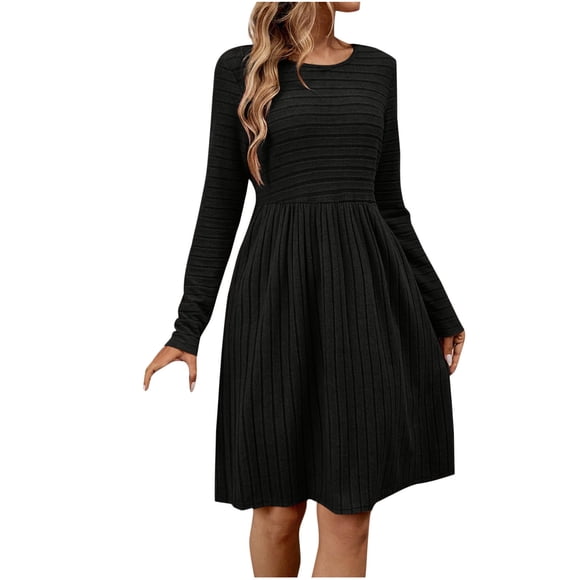 Wdfiry Women's Fall Dress Solid Color Round Neck Long Sleeve Dress Casual Ribbed Tunic Mini Dresses