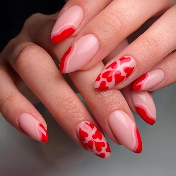 Press on Nails Medium Almond Fake Nails Glossy Glue on Nails Red Love Heart Acrylic Nails Stiletto Artificial Nails Stripe Swirl Stick on False Nails with Design 24 pcs 04244-9Red 0.04 Fl Oz (Pack