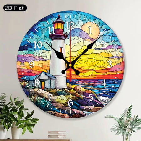 Lighthouse Nautical Wooden Round Wall Clock, MDF Coastal Beach House Wall Decor, Seaside Ocean Theme Home Art, Unique Gift