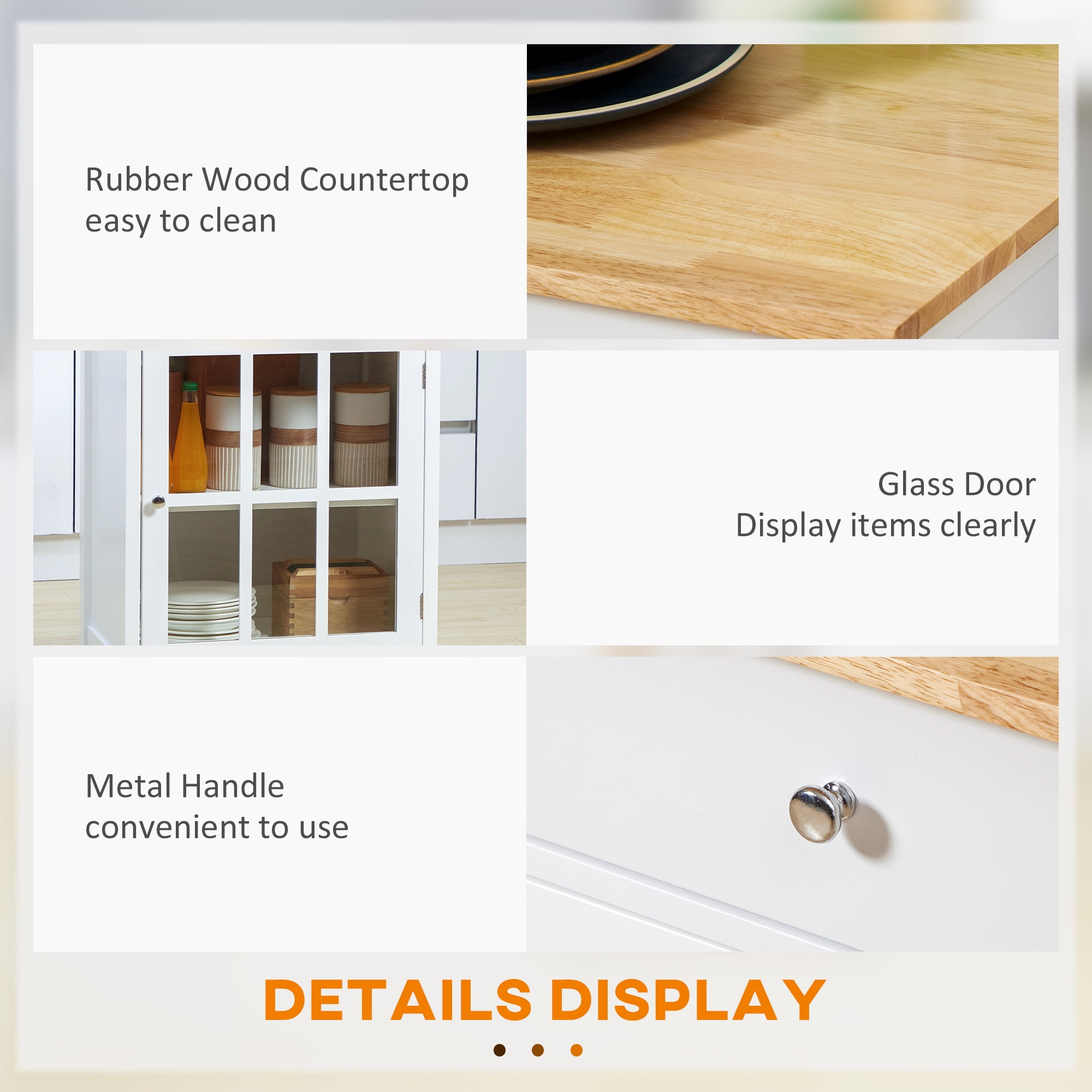 Knubmt Wood Top Kitchen Island with Drawer and Glass Door Cabinet, Rolling Kitchen Cart with Shelf and Towel Rack, White