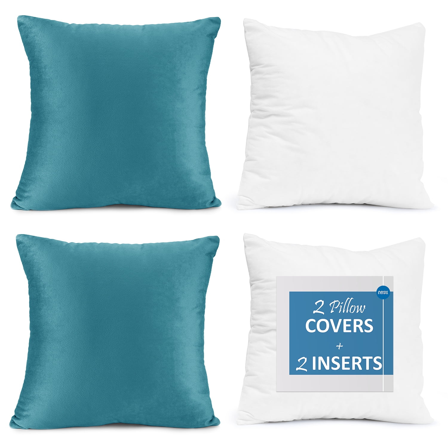 Nestl Plush 2 Pack Solid Decorative Microfiber Square Throw Pillow Cover with Throw Pillow Insert for Couch, Beach Blue, 24" x 24"
