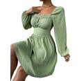 thumbnail image 4 of SAYOO Vestido de primavera para mujer, vestido de cintura alta fruncido con cuello cuadrado liso de manga larga, trajes hasta la rodilla con lazo en la cintura para mujer SAYOO  moda, 4 of 7
