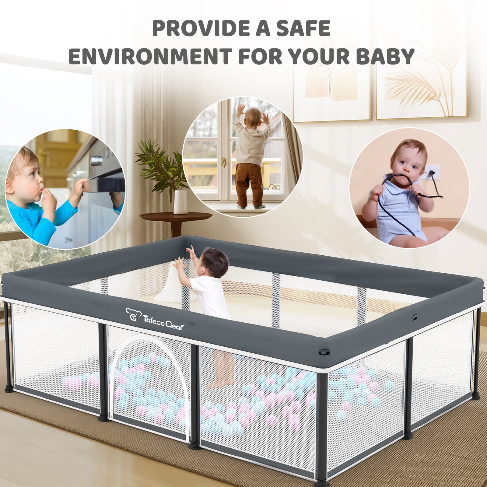 Foldable Baby Playpen with Mat, Collapsible Play Pen for Babies and Toddlers, Indoor & Outdoor Kids Safety Play Pen, Portable Play Yard with 50 Ocean Balls, 50"×70", Gray