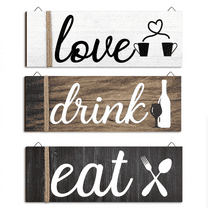 3 Pcs Farmhouse Kitchen Wall Decor Rustic Wooden Home Eat Drink Love Sign with Hanging Hole for Home Dining Living Room Bar Cafe Decor, 13.8*5inch