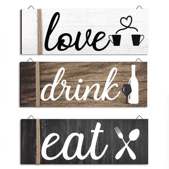 3 Pcs Farmhouse Kitchen Wall Decor Rustic Wooden Home Eat Drink Love Sign with Hanging Hole for Home Dining Living Room Bar Cafe Decor, 13.8*5inch