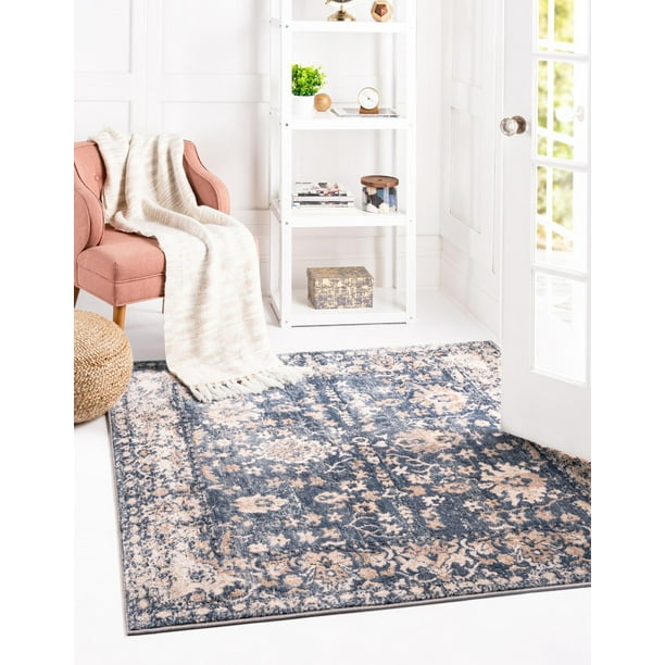 Unique Loom Central Portland Rug Blue/Beige 5' 3" Square Border