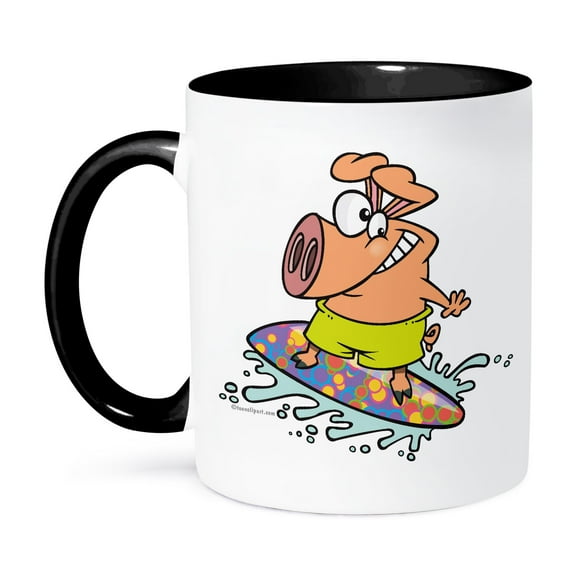 3dRose, Cute Silly Surfer Surfing Piggy Pig, 11oz Two-Tone Black Mug