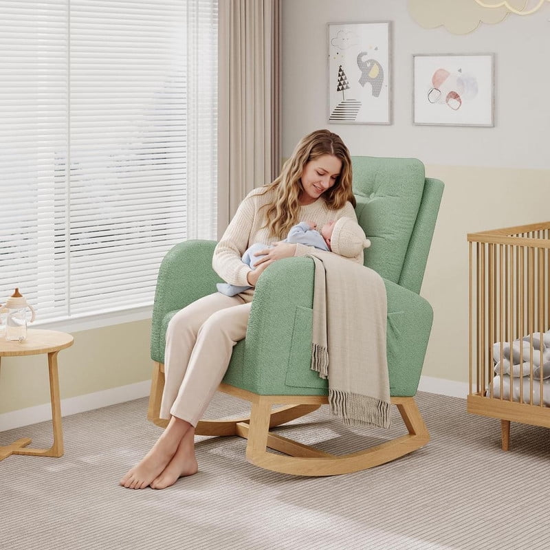 Rocking Chair for Nursery, Upholstered Glider Rocker with High Backrest and Padded Seat, Comfy Accent Armchair with Side Pocket for Bedroom, Living Room, Nursing Room