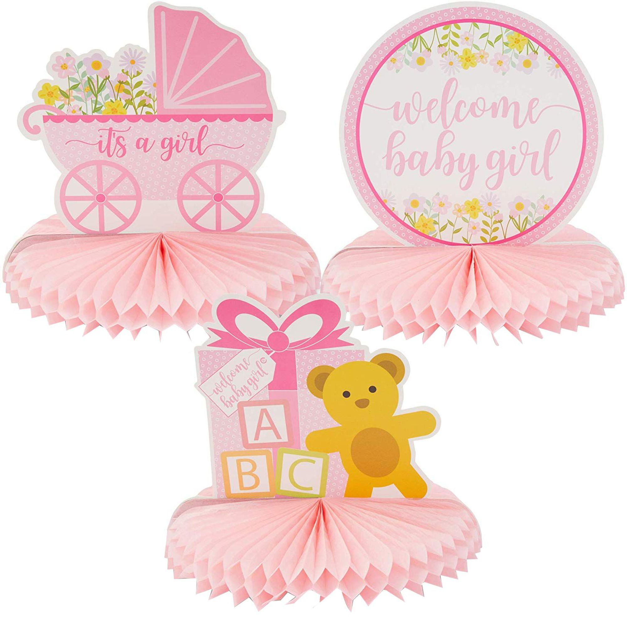 6 Pack (2 of Each) Baby Shower Table Honeycomb Decorations for Girls, 3 Assorted Design, Pink, 8 ...