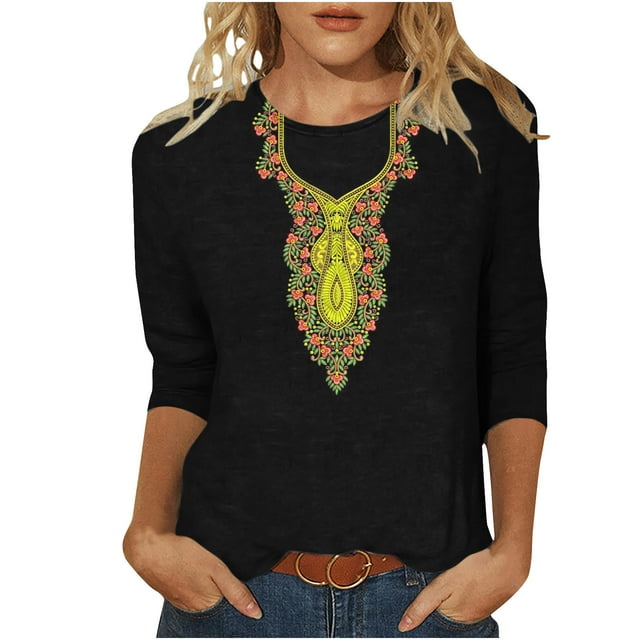 Snorda T-Shirt Décontracté Style Ethnique pour Femmes, T-Shirt Graphique, T-Shirt de Vacances Quotidien en Plein Air, T-Shirt à Manches 3/4, Col Rond, Vêtements de Printemps et d'Automne