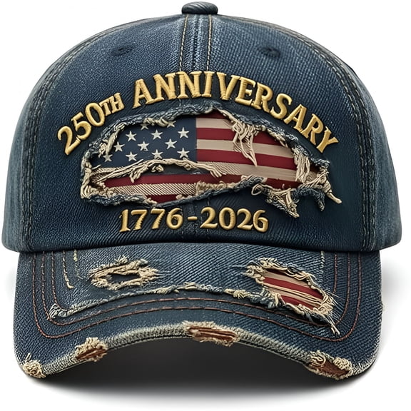TELOLY 250th Anniversary Hat 1776-2026 - Embroidered Distressed Denim Cap - Vintage Ripped Flag Patriotic American Gift