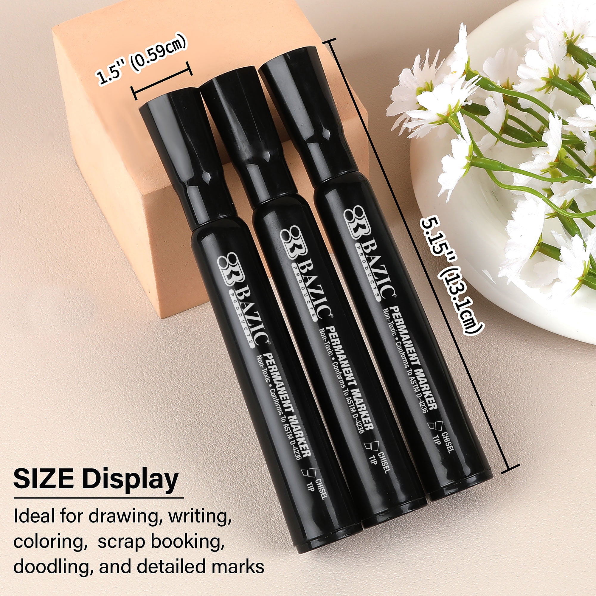 BAZIC Permanent Marker Chisel Tip, Black Color Markers, (3/Pack), 24-Packs